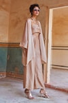 Shop_Paulmi and Harsh_Pink Silk Organza Plain Blouse Square Neck Jacket And Trouser Set _at_Aza_Fashions