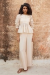 Buy_Paulmi and Harsh_Ivory Silk Organza Placement Embroidery Floral Peter Pan Peplum Top With Trouser _at_Aza_Fashions