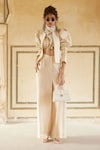 Buy_Paulmi and Harsh_Ivory Silk Organza Embroidery Floral Jacket Puff Sleeve Trouser Set  _at_Aza_Fashions