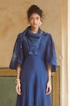 Paulmi and Harsh_Blue Silk Organza Embroidery Floral V Puff Sleeve Jumpsuit With Scarf _Online_at_Aza_Fashions