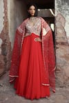 Buy_Seema Thukral_Coral Anarkali Georgette Embroidered Bead V-neck Ishika Zari With Dupatta _at_Aza_Fashions