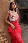 Shop_Seema Thukral_Coral Peplum Blouse Nikita Embellished Pre-stitched Mermaid Saree With _Online_at_Aza_Fashions