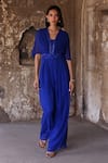 Buy_Seema Thukral_Blue Georgette Embroidered Bead V-neck Audrey Overlap Panel Jumpsuit _at_Aza_Fashions