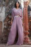 Buy_Seema Thukral_Purple Georgette Embroidered Bead V-neck Shea Draped Jumpsuit _at_Aza_Fashions
