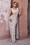 Buy_Seema Thukral_Ivory Georgette Printed Floral Tanishka Flower Pre-draped Saree With Blouse _at_Aza_Fashions