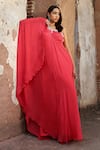 Buy_Seema Thukral_Coral Chiffon Embroidery Sequin Asymmetric Devanshi One Shoulder Kaftan _at_Aza_Fashions