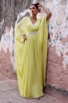 Buy_Seema Thukral_Green Chiffon Embroidery Sequin V Manat Pearl Neckline Draped Kaftan _at_Aza_Fashions