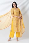 Kameez_Yellow Chanderi, Cotton, Kota Doria Floral Hand Block Print Kurta Pant Set _Online_at_Aza_Fashions
