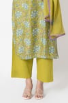 Kameez_Green Chanderi, Cotton, Kota Doria Embroidery Split Flower Print Kurta Pant Set _Online_at_Aza_Fashions