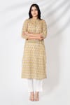 Kameez_Yellow Cotton Print Floral Round Butti Hand Block Kurta With Pant _Online_at_Aza_Fashions
