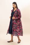 Oshi By Shikha_Blue Silk Chanderi Printed Floral V Neck Pleated Dress With Jacket _Online_at_Aza_Fashions