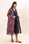 Buy_Oshi By Shikha_Blue Silk Chanderi Printed Floral V Neck Pleated Dress With Jacket _Online_at_Aza_Fashions