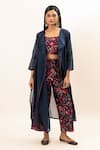 Buy_Oshi By Shikha_Blue Silk Chanderi Printed Floral Round Longline Jacket Pant Set _at_Aza_Fashions