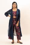 Oshi By Shikha_Blue Silk Chanderi Printed Floral Round Longline Jacket Pant Set _at_Aza_Fashions