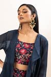 Buy_Oshi By Shikha_Blue Silk Chanderi Printed Floral Round Longline Jacket Pant Set 