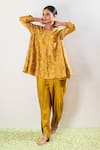 Shop_Oshi By Shikha_Yellow Kurta Silk Chanderi Printed Dotted V Neck Flared And Dhoti Pant Set _Online_at_Aza_Fashions