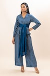 Buy_Oshi By Shikha_Blue Silk Printed Floral V Neck Blazer And Pant Set _at_Aza_Fashions