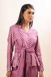 Shop_Oshi By Shikha_Purple Silk Printed Floral V Neck Tie-up Blazer And Pant Set _Online_at_Aza_Fashions