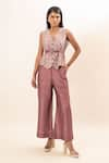 Buy_Oshi By Shikha_Pink Silk Printed Geometric Bandhani V Neck Reversible Waistcoat Pant Set _at_Aza_Fashions