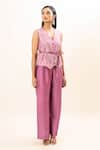 Shop_Oshi By Shikha_Purple Silk Printed Geometric Bandhani V Neck Waistcoat Pant Set _Online_at_Aza_Fashions