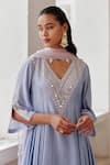 Label RSD_Blue Kurta Chanderi Hand Embroidery Pearl V Neck Floral Long A-line Set _Online_at_Aza_Fashions