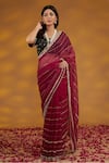 House Of Supriya_Maroon Organza, Silk Mirrors, Embroidery Scoop Neck Linear Saree With Blouse _Online_at_Aza_Fashions