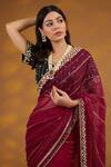 House Of Supriya_Maroon Organza, Silk Mirrors, Embroidery Scoop Neck Linear Saree With Blouse _at_Aza_Fashions