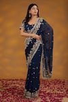 Buy_House Of Supriya_Blue Silk, Georgette Embroidery, Tassels Scoop Floral Hand Saree With Blouse _at_Aza_Fashions