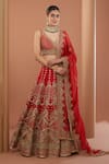 Buy_HOUSE OF SUPRIYA_Red Raw Silk Embroidery Zari Plunged V Neck Bahar Bridal Lehenga Set _at_Aza_Fashions