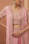 Shop_HOUSE OF SUPRIYA_Pink Skirt Crepe Embroidery Dori Open Neck Padma Bandhej Shrug Set _Online_at_Aza_Fashions