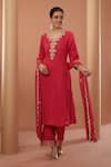 HOUSE OF SUPRIYA_Red Kurta Georgette Embroidery Zardozi Notched Floral Placket Set _Online_at_Aza_Fashions