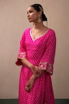 Pink City by Sarika_Pink Silk Printed Bandhani Leaf Neck Saarang Kurta And Ijar Pant Set _at_Aza_Fashions