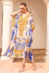 Buy_Zariaah_White Viscose Silk Printed Floral Plunge V-neck Swirl Kaftan  _at_Aza_Fashions