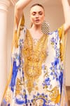 Zariaah_White Viscose Silk Printed Floral Plunge V-neck Swirl Kaftan  _Online_at_Aza_Fashions