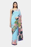 Buy_Satya Paul_Blue Crepe Printed Lotus Lagoon Saree _at_Aza_Fashions