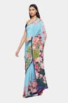 Satya Paul_Blue Crepe Printed Lotus Lagoon Saree _Online_at_Aza_Fashions