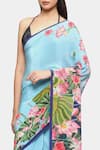 Shop_Satya Paul_Blue Crepe Printed Lotus Lagoon Saree _Online_at_Aza_Fashions