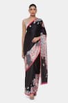 Buy_Satya Paul_Black Satin Georgette Printed Hibiscus Flower Singular Border Saree _at_Aza_Fashions