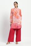 Buy_Satya Paul_Orange Linen Printed Frangipani Flower Float Mandarin Collar Confetti Kurta _at_Aza_Fashions