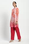 Satya Paul_Orange Linen Printed Frangipani Flower Float Mandarin Collar Confetti Kurta _Online_at_Aza_Fashions