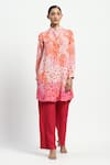 Shop_Satya Paul_Orange Linen Printed Frangipani Flower Float Mandarin Collar Confetti Kurta _Online_at_Aza_Fashions