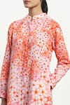 Satya Paul_Orange Linen Printed Frangipani Flower Float Mandarin Collar Confetti Kurta _at_Aza_Fashions