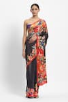 Satya Paul_Grey Georgette Satin Print Floral Of The Wood Dragon Saree With Running Blouse _Online_at_Aza_Fashions