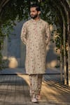 Shop_Label Niti Bothra_Ivory Silk Chanderi Print Floral Kurta With Churidar_at_Aza_Fashions
