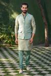 Label Niti Bothra_Green Silk, Chanderi Turquoise Quilted Bundi _Online_at_Aza_Fashions