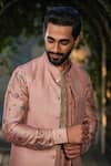 Label Niti Bothra_Pink Silk Chanderi Embroidery Stitchline Thread Nehru Jacket_at_Aza_Fashions