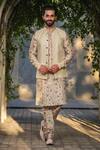 Label Niti Bothra_Ivory Silk, Chanderi Embroidery Stitchline Nehru Jacket _Online_at_Aza_Fashions