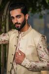 Label Niti Bothra_Ivory Silk, Chanderi Embroidery Stitchline Nehru Jacket _at_Aza_Fashions