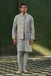 Buy_Label Niti Bothra_Blue Silk Chanderi Printed Floral Nehru Jacket And Kurta Set_at_Aza_Fashions