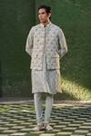Label Niti Bothra_Blue Silk Chanderi Printed Floral Nehru Jacket And Kurta Set_Online_at_Aza_Fashions